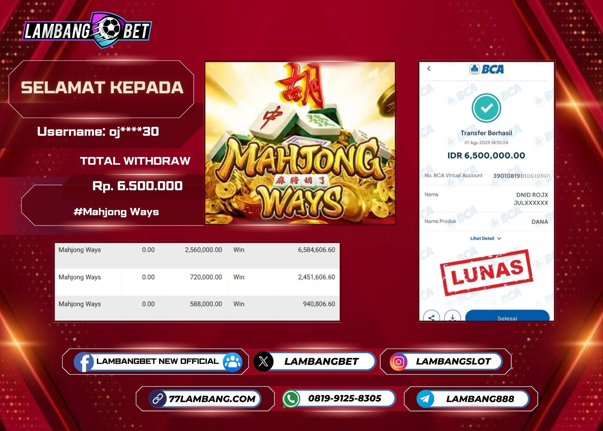LAMBANGBET [1 AUGUST 2025] JACKPOT SLOT Mahjong Ways "Rp6.500.000" LUNAS